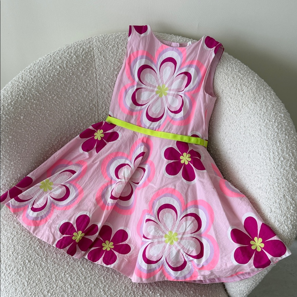 Jacadi Pink & Fuchsia Floral Cotton Dress with Lime Belt